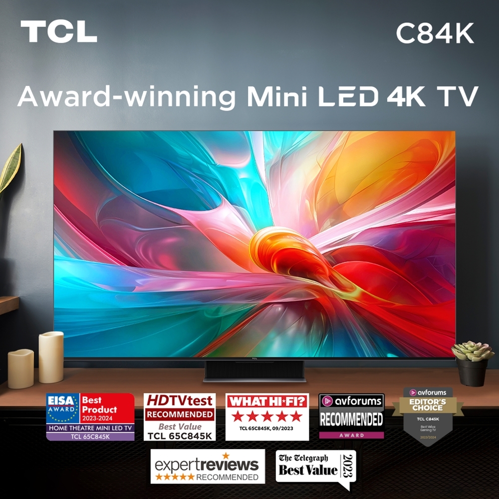 TCL 85C845K C845 Series 85" QLED Smart C845 Mini LED All-Round TV, 4K Ultra HD, Black