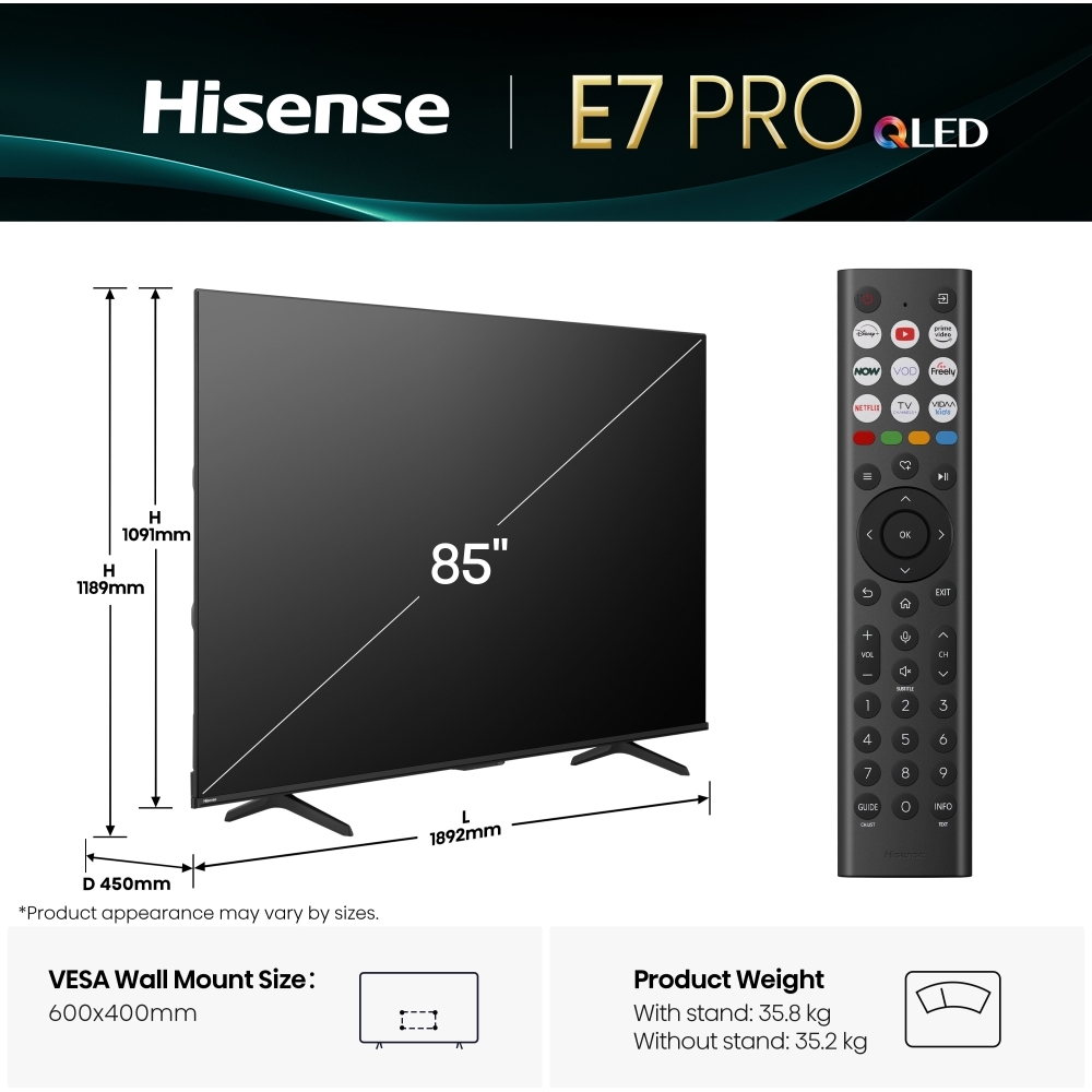 Hisense 85E78QTUK PRO 85" QLED Smart Television, 4K Ultra HD, Black, E Rated