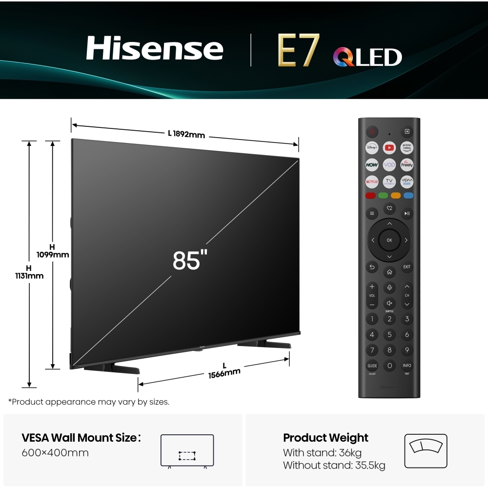 Hisense 85E7QTUK 85" QLED Smart Television, 4K Ultra HD, Black, E Rated