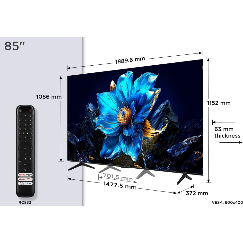 TCL 85P7K-UK 85" QLED Smart Television, 4K Ultra HD, Black, F Rated