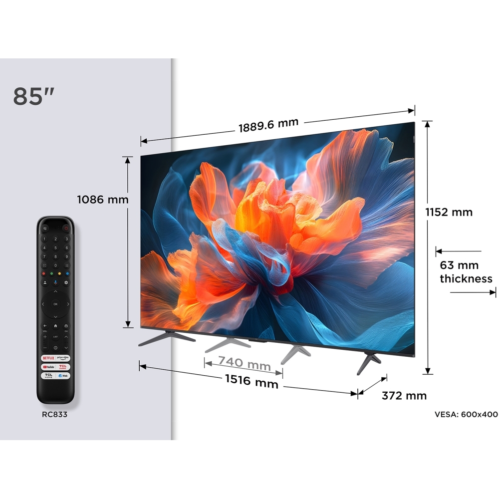 TCL 85T8C-UK 85" QLED Smart Television, 4K Ultra HD, Black, F Rated