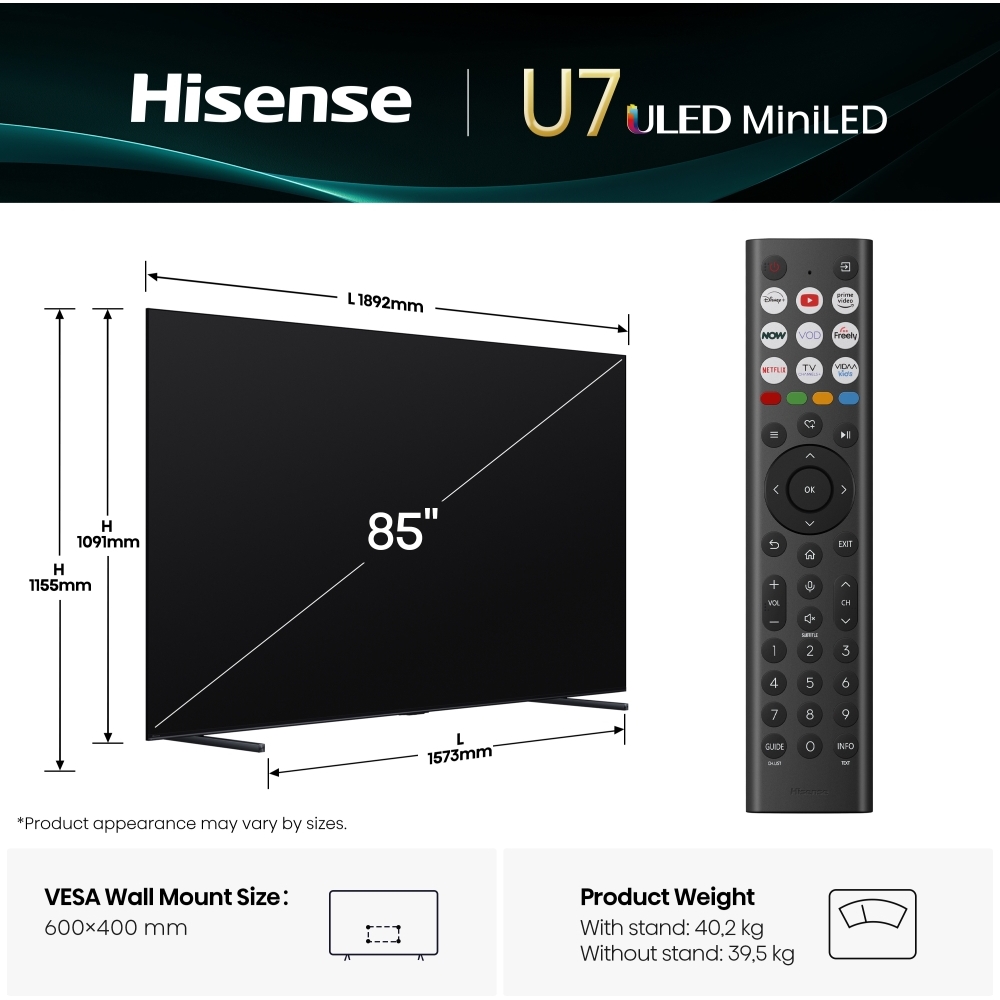 Hisense 85U7QTUK 85" ULED Mini LED Smart Television, 4K Ultra HD, Black, D Rated