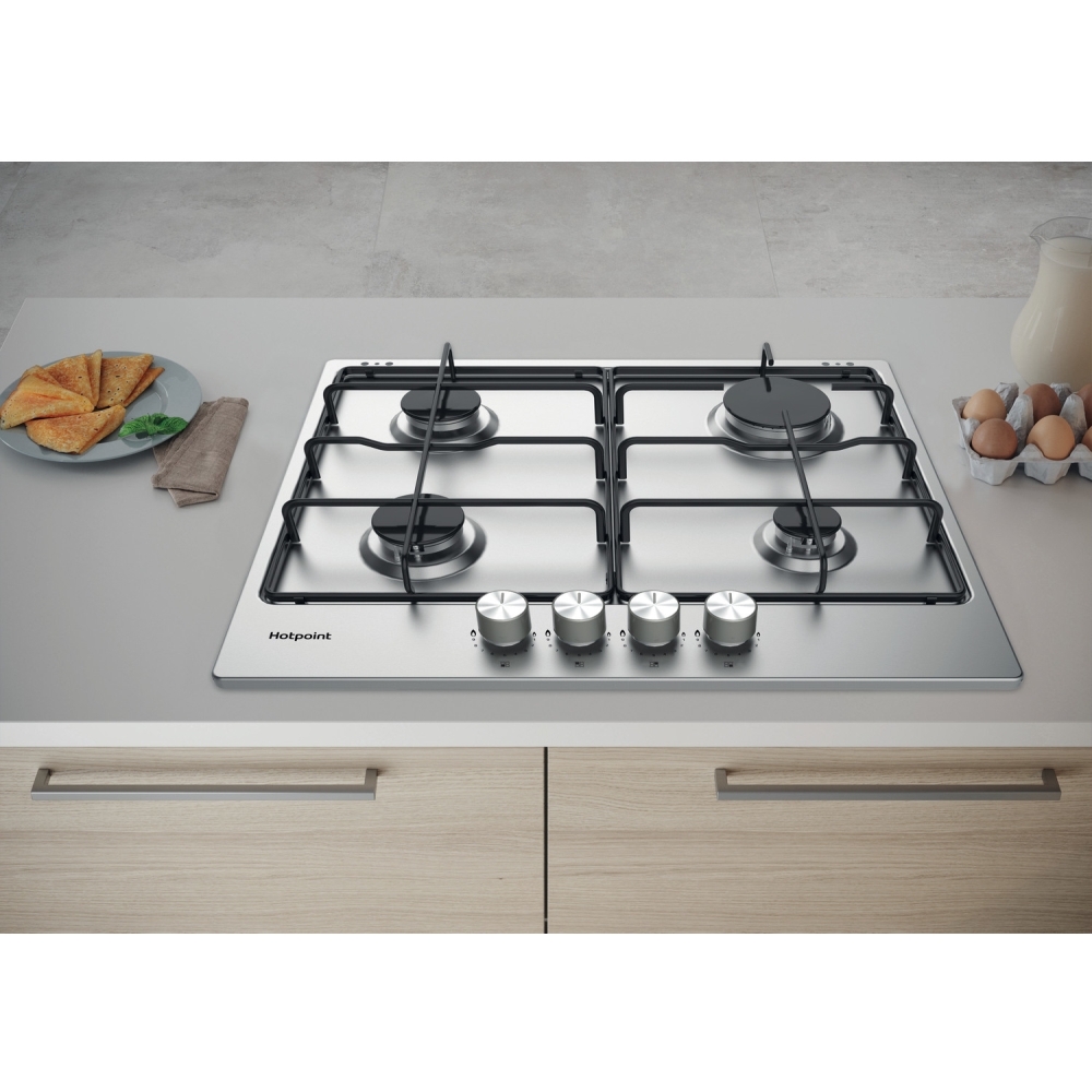 Hotpoint PPH60PFIXUK 59cm 4 Burner Gas Hob, Silver