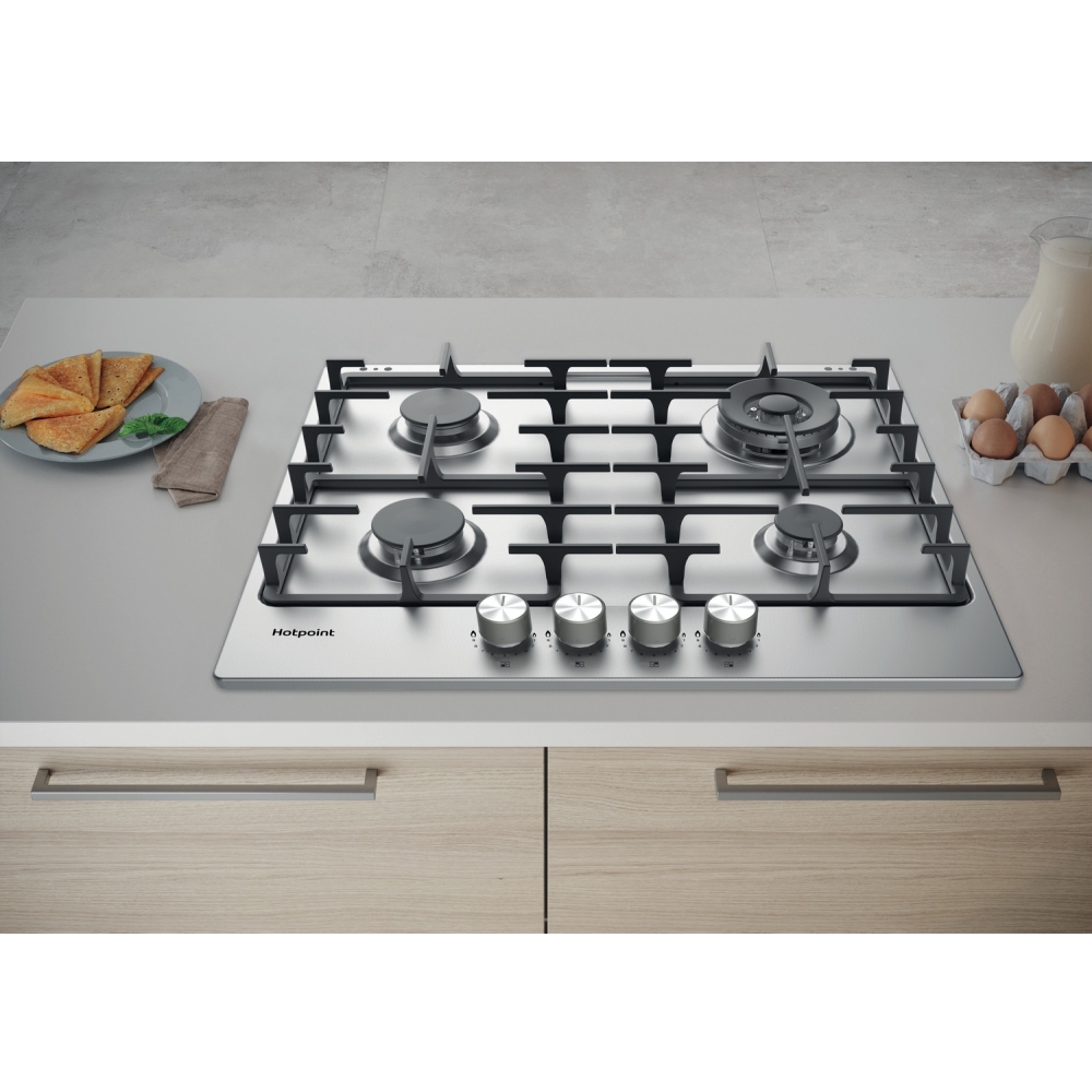 Hotpoint PPH60GDFIXUK 59cm 4 Burner Gas Hob, Silver