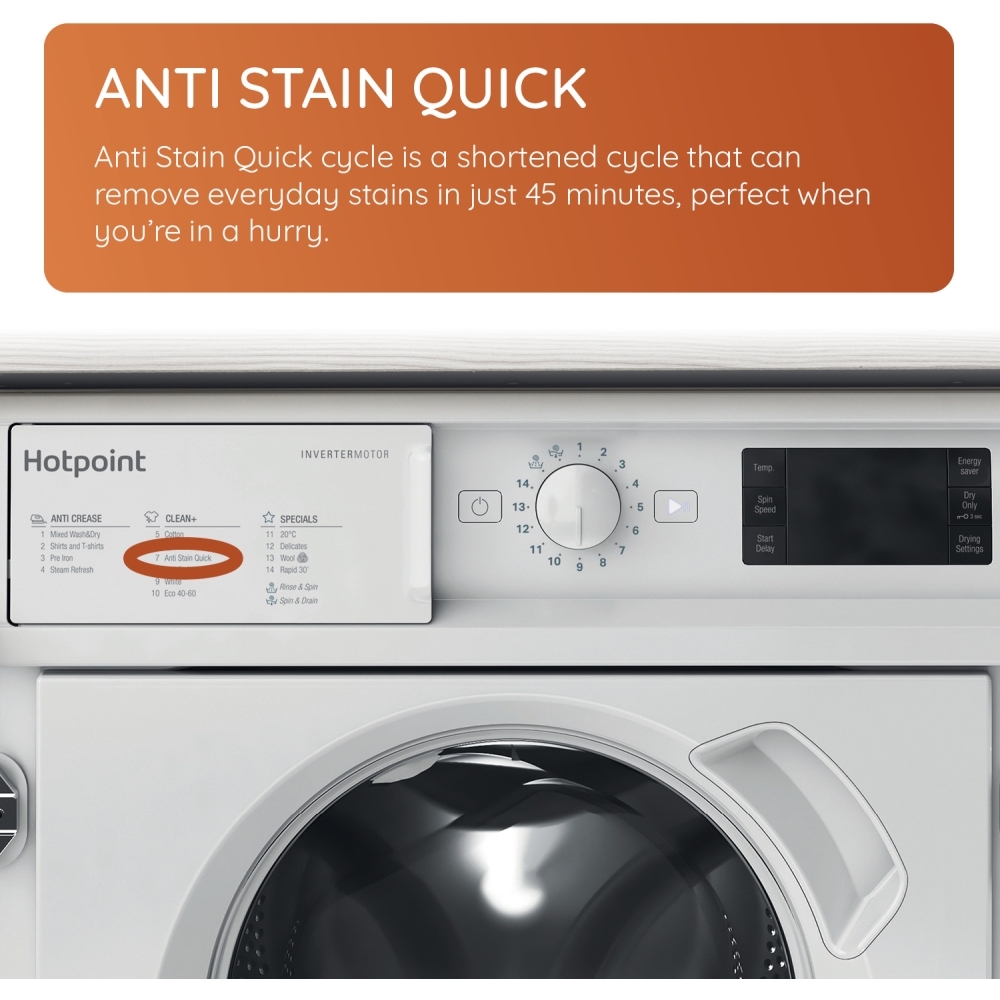 Hotpoint BIWDHG861485UK Integrated Washer Dryer, 8kg/6kg, 1400 Spin, White, D Rated