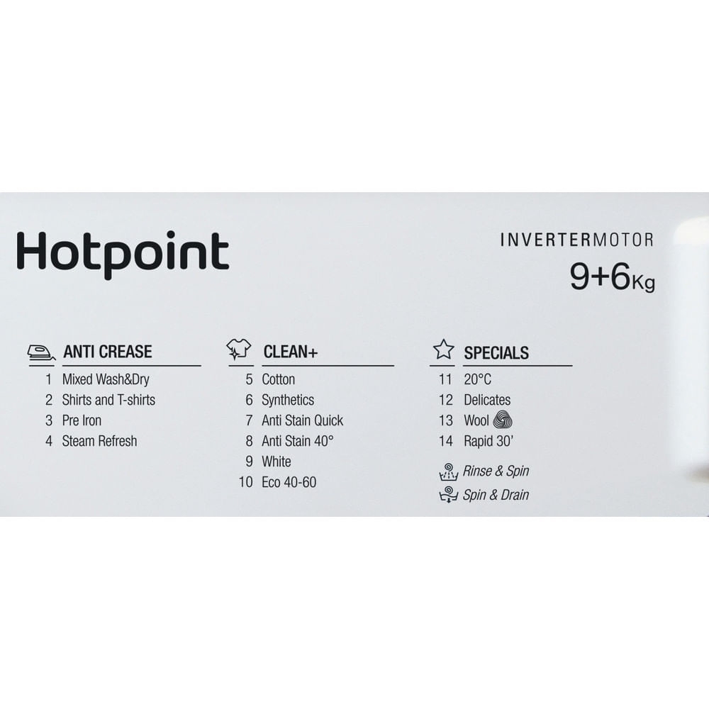 Hotpoint BIWDHG961485UK Integrated Washer Dryer, 9kg/6kg, 1400 Spin, White, D Rated