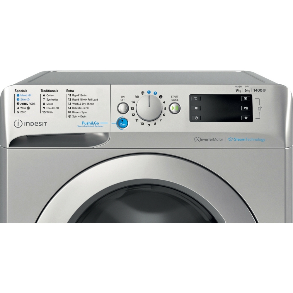 Indesit BDE 96436 SV UK Washer Dryer, 9kg/6kg, 1400 Spin, Silver, D Rated