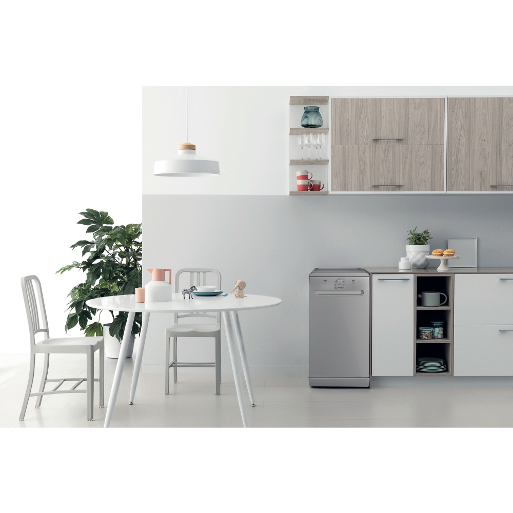 Indesit IN2FE10CS90SUK Slimline Dishwasher, 10 Place Settings, Silver, E Rated