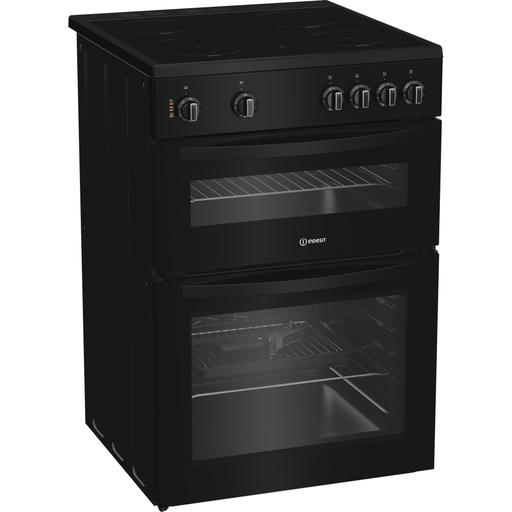 Indesit IDE6VMB Ceramic Electric Cooker with Double Oven, Black, A Rated