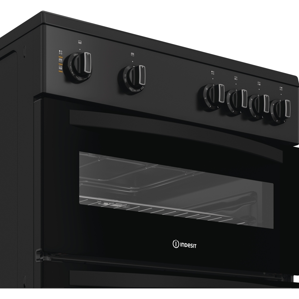 Indesit IDE6VMB Ceramic Electric Cooker with Double Oven, Black, A Rated