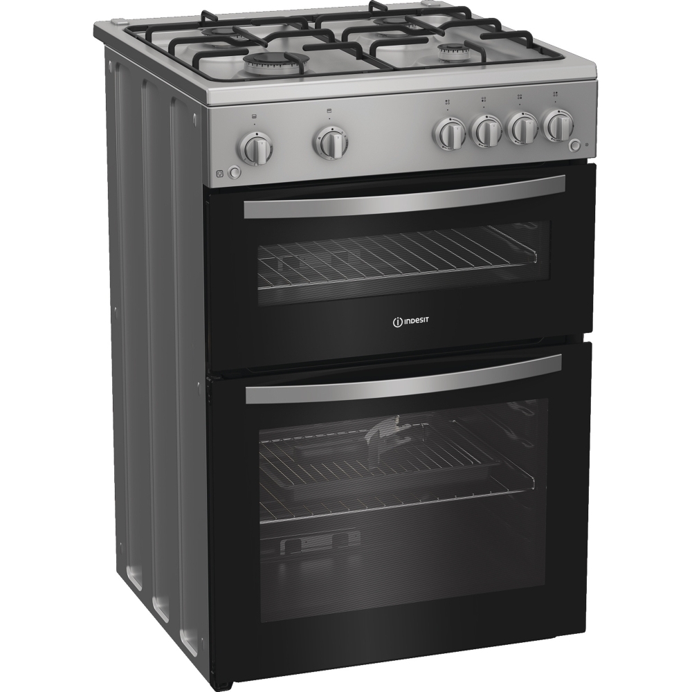 Indesit IDG6GS Gas Cooker with Double Oven, Silver, A+ Rated