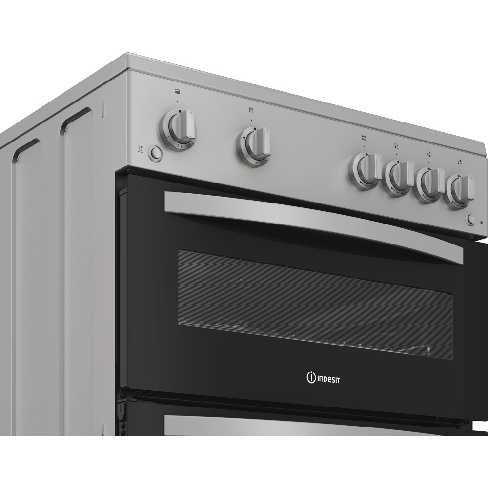 Indesit IDG6GS Gas Cooker with Double Oven, Silver, A+ Rated
