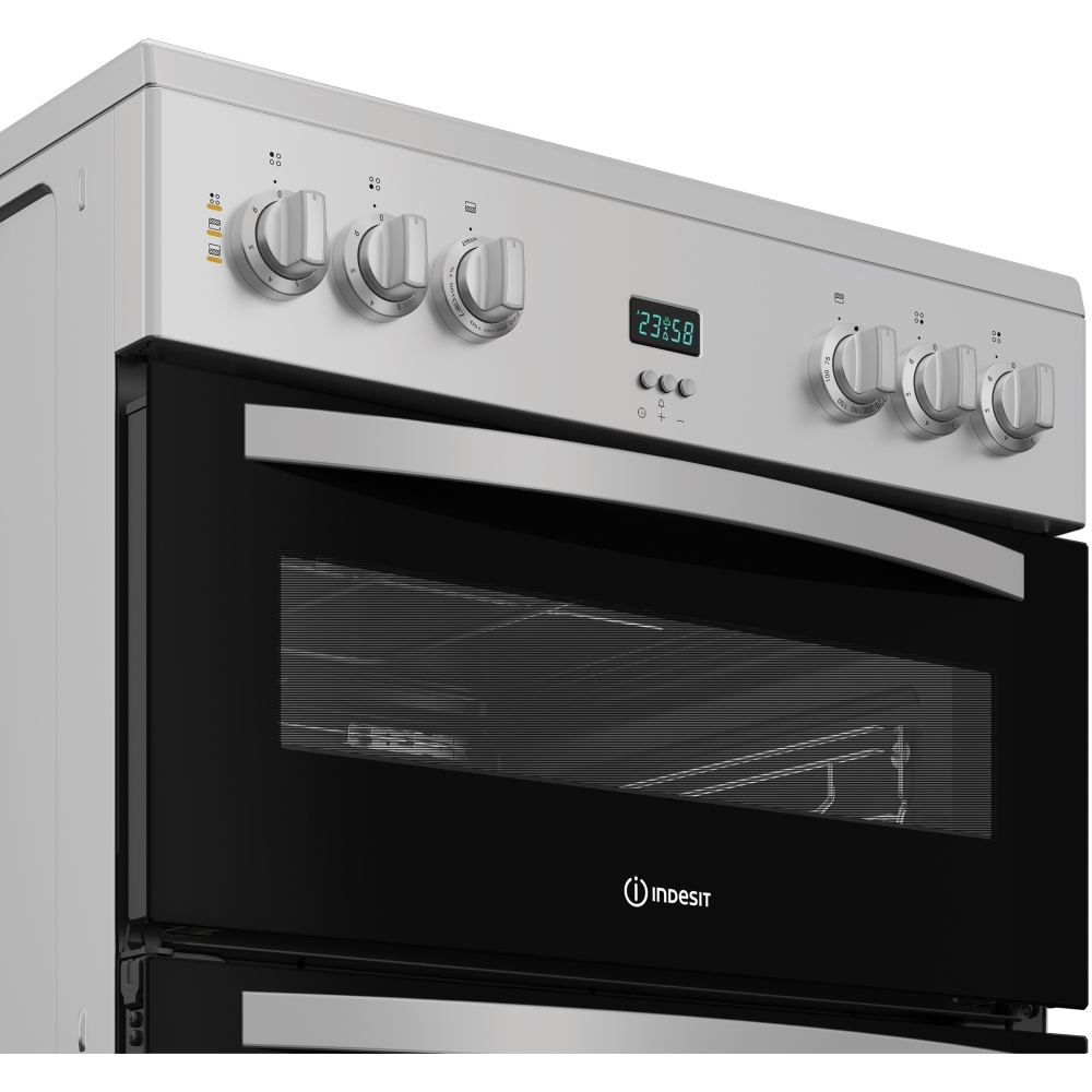 Indesit IDE6VDCS1 Ceramic Electric Cooker with Double Oven, Silver, A Rated