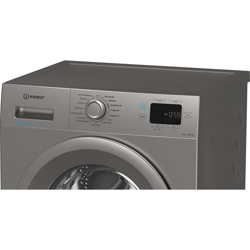 Indesit IP 946S PUSH&GO UK Washing Machine, 9kg, 1400 Spin, Silver, A Rated