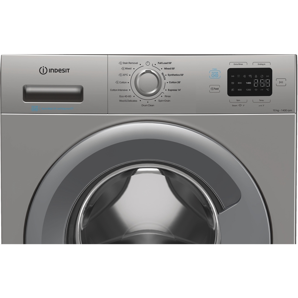 Indesit IP 1046S PUSH&GO UK Washing Machine, 10kg, 1400 Spin, Silver, A Rated