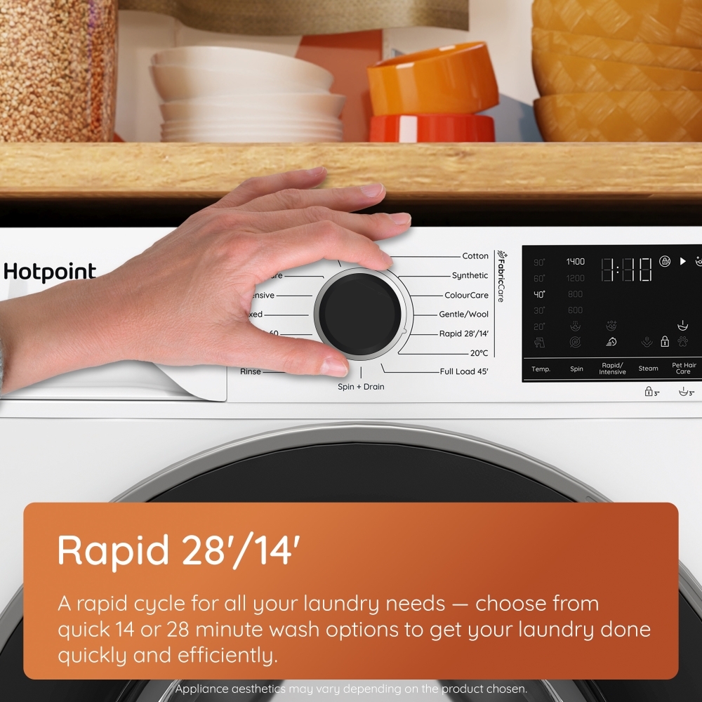 Hotpoint HBD9681ANTSTAIN Washer Dryer, 9kg/6kg, 1400 Spin, White, D Rated