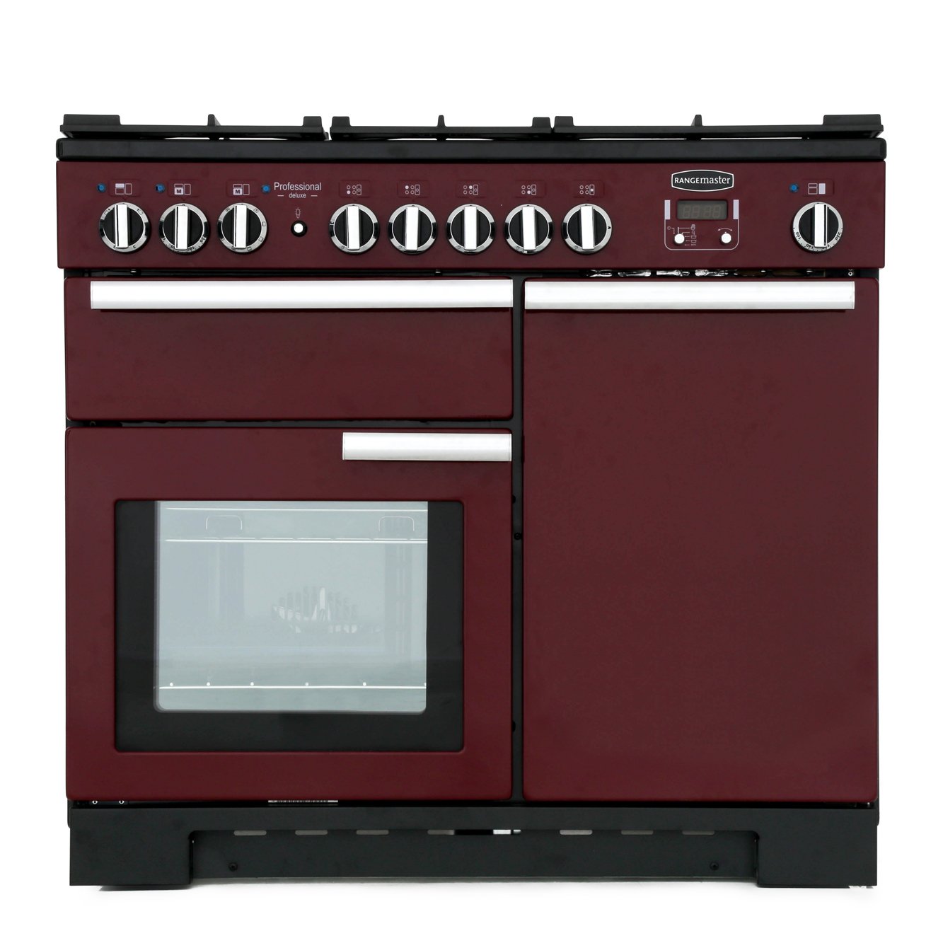 Rangemaster PDL100DFFCY/C 100cm Dual Fuel Range Cooker Professional Deluxe Cranberry / Chrome, A Rated