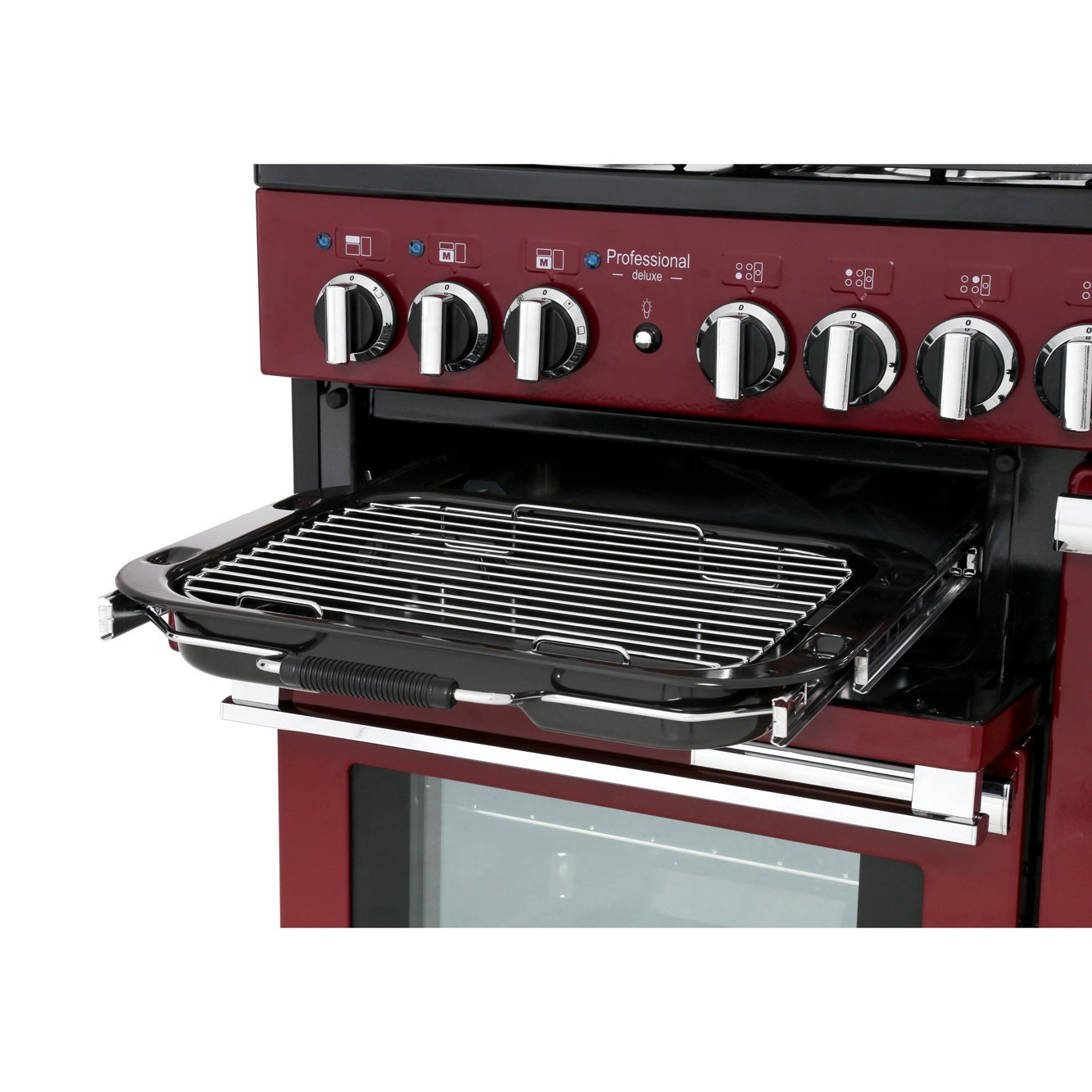 Rangemaster PDL100DFFCY/C 100cm Dual Fuel Range Cooker Professional Deluxe Cranberry / Chrome, A Rated