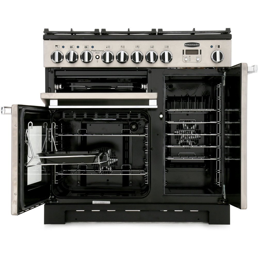 Rangemaster PDL90DFFCR/C 90cm Dual Fuel Range Cooker Professional Deluxe Cream / Chrome, A Rated