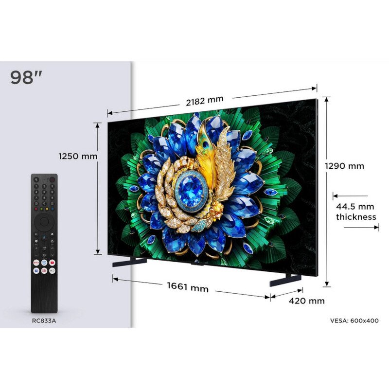 TCL 98A400M-UK 98" QD-Mini LED Smart Television, Black, D Rated