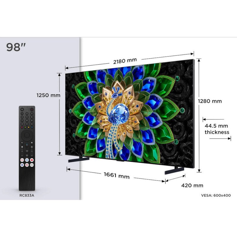 TCL 98A400U-UK 98" QD-Mini LED Smart Television, 4K Ultra HD, Black, D Rated