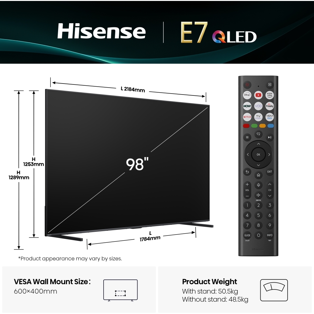 Hisense 98E7QTUK 98" QLED Smart Television, 4K Ultra HD, Grey, E Rated