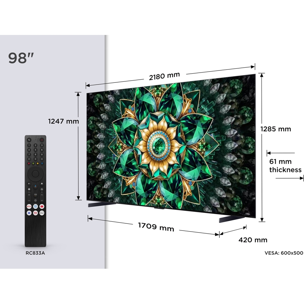 TCL 98Q7C-UK 98" Mini LED Smart Television, 4K Ultra HD, Black, E Rated
