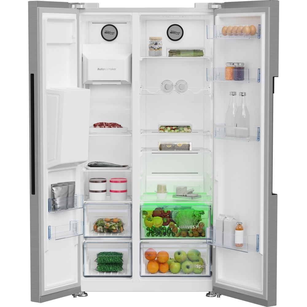 Beko ASP342VPS American Fridge Freezer with HarvestFresh Technology, Stainless Steel, E Rated,  Plumbed