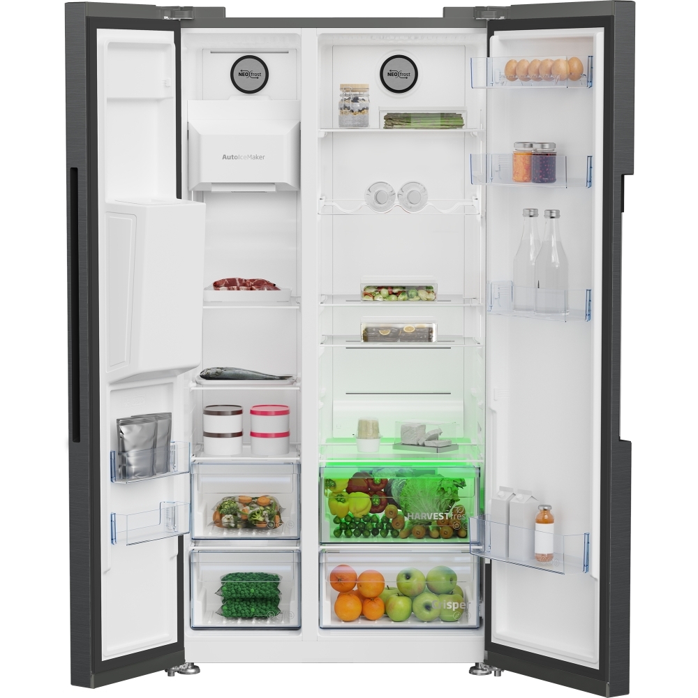 Beko ASP342VPZ American Style Fridge Freezer with Plumbed Water, Ice Dispenser and HarvestFresh� Technology, Black, E Rated,  Plumbed
