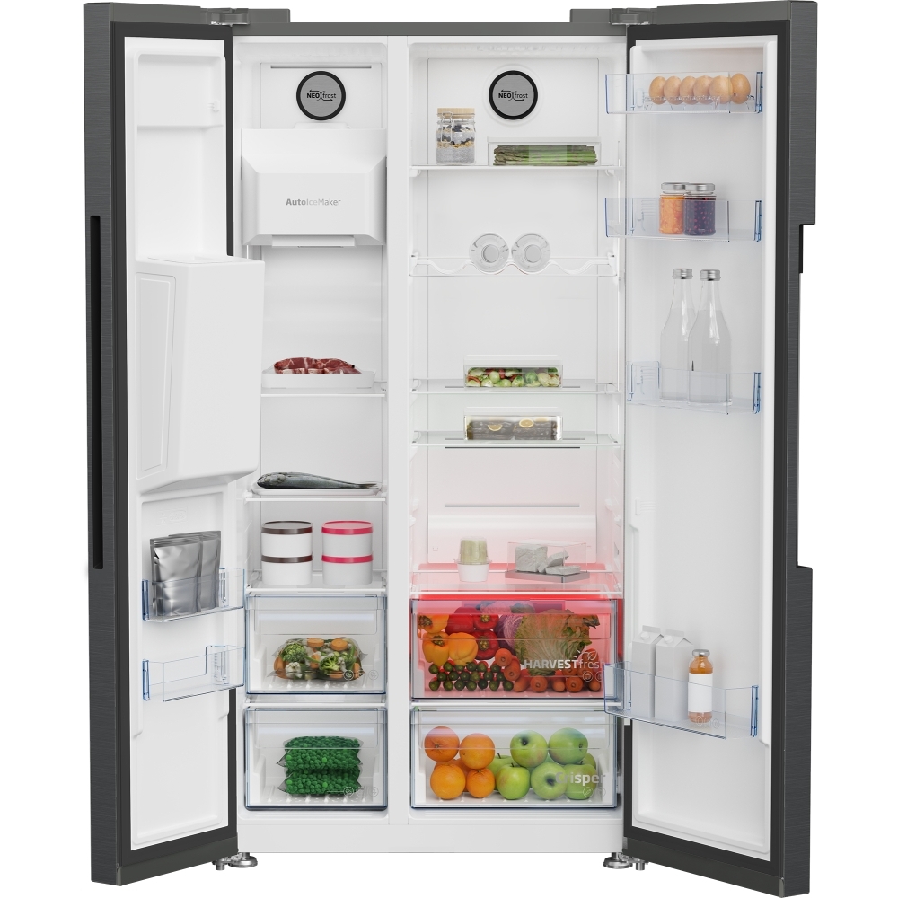 Beko ASP342VPZ American Style Fridge Freezer with Plumbed Water, Ice Dispenser and HarvestFresh� Technology, Black, E Rated,  Plumbed