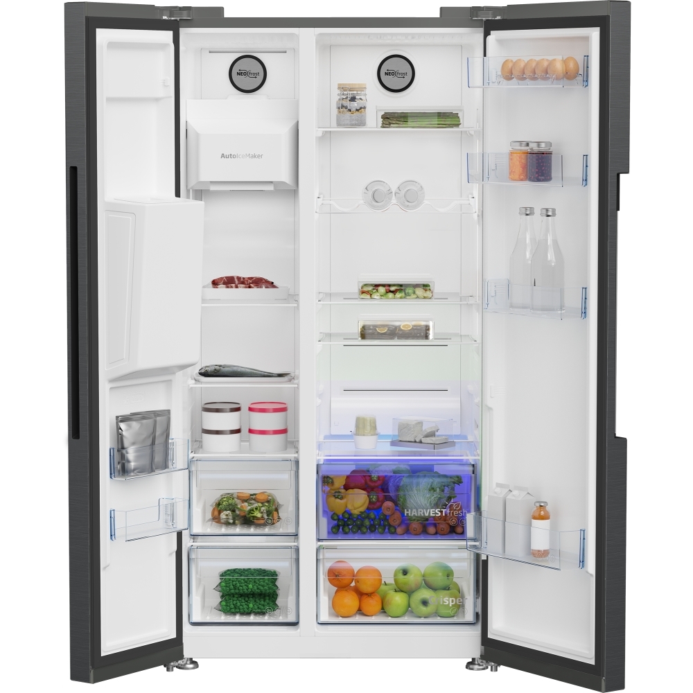 Beko ASP342VPZ American Style Fridge Freezer with Plumbed Water, Ice Dispenser and HarvestFresh� Technology, Black, E Rated,  Plumbed