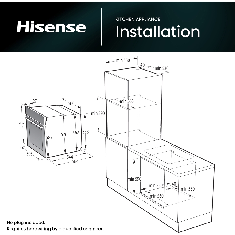 Hisense BAS6PH8BUKWF Built-In Electric Single Oven with Pyrolytic Cleaning, Black, A+ Rated