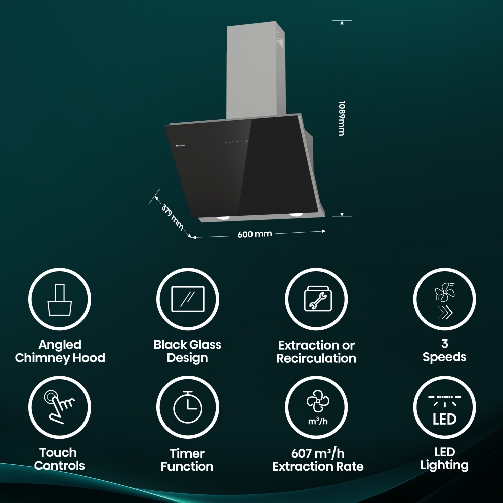 Hisense CH6IN14BXBUK 60cm Chimney Cooker Hood, Black, A Rated