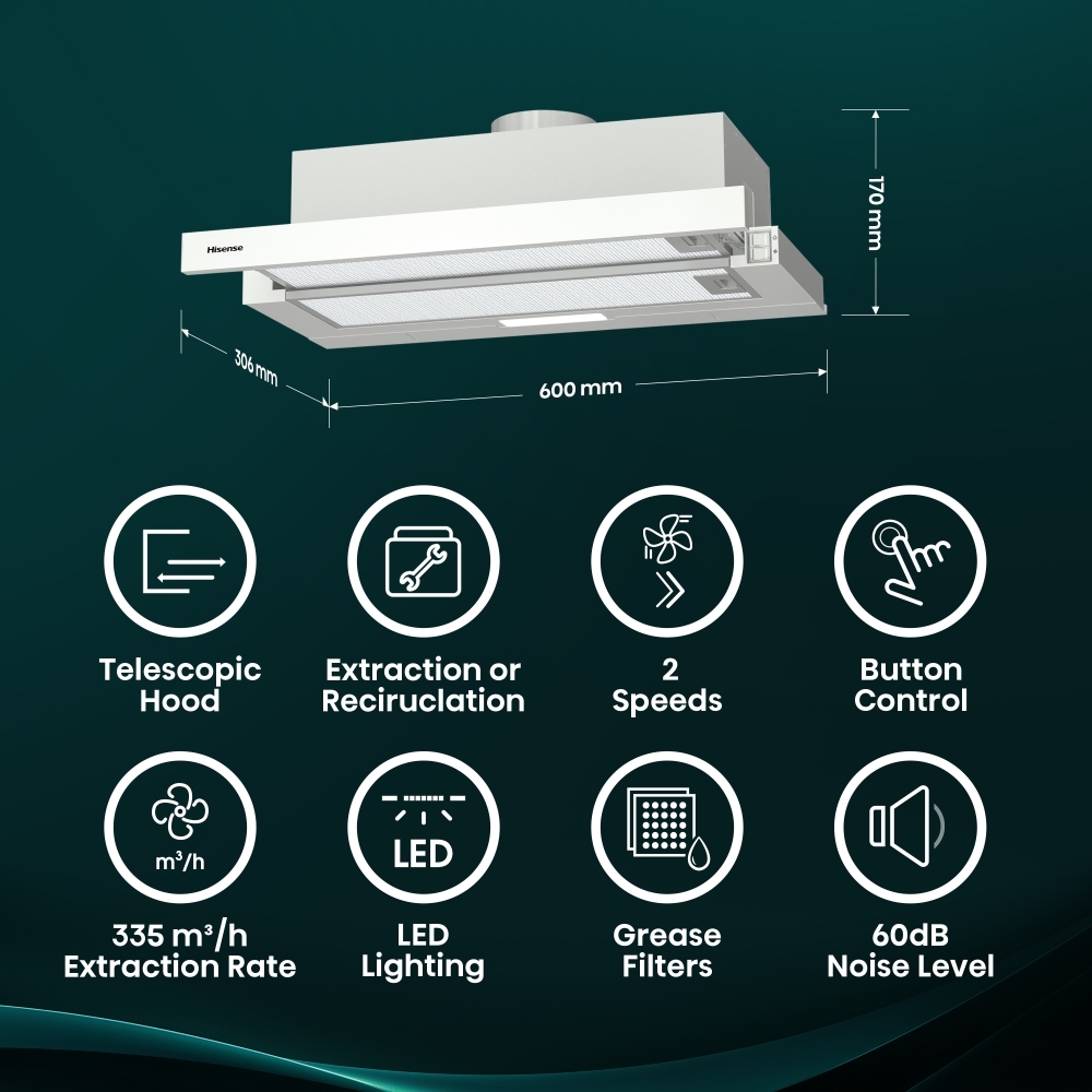 Hisense CH6T10BXUK Telescopic Cooker Hood, Stainless Steel, B Rated