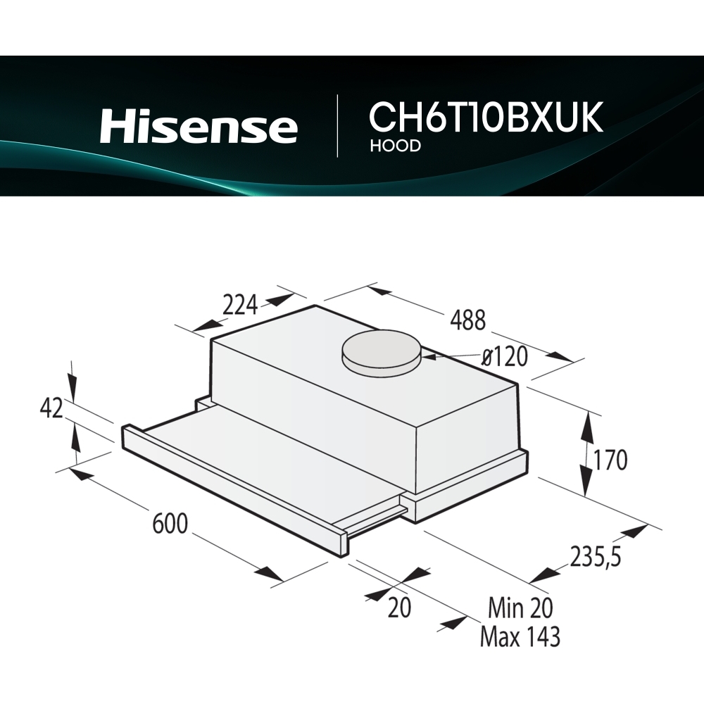 Hisense CH6T10BXUK Telescopic Cooker Hood, Stainless Steel, B Rated
