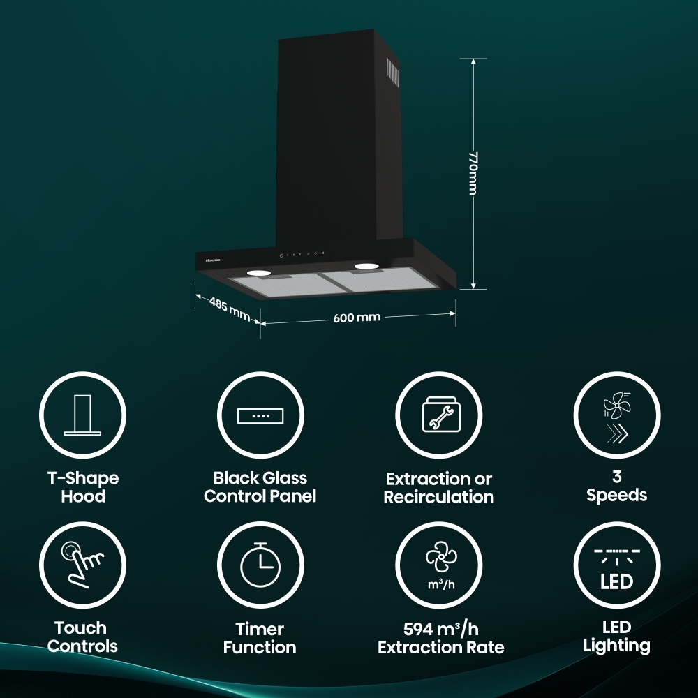 Hisense CH6T14BBUK 60cm Chimney Cooker Hood, Black, A Rated
