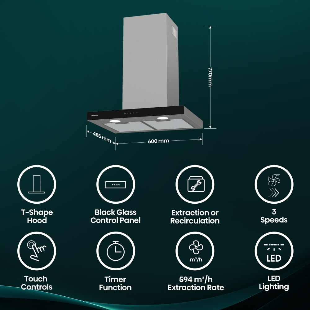 Hisense CH6T14BXBUK 60cm Chimney Cooker Hood, Stainless Steel, A Rated
