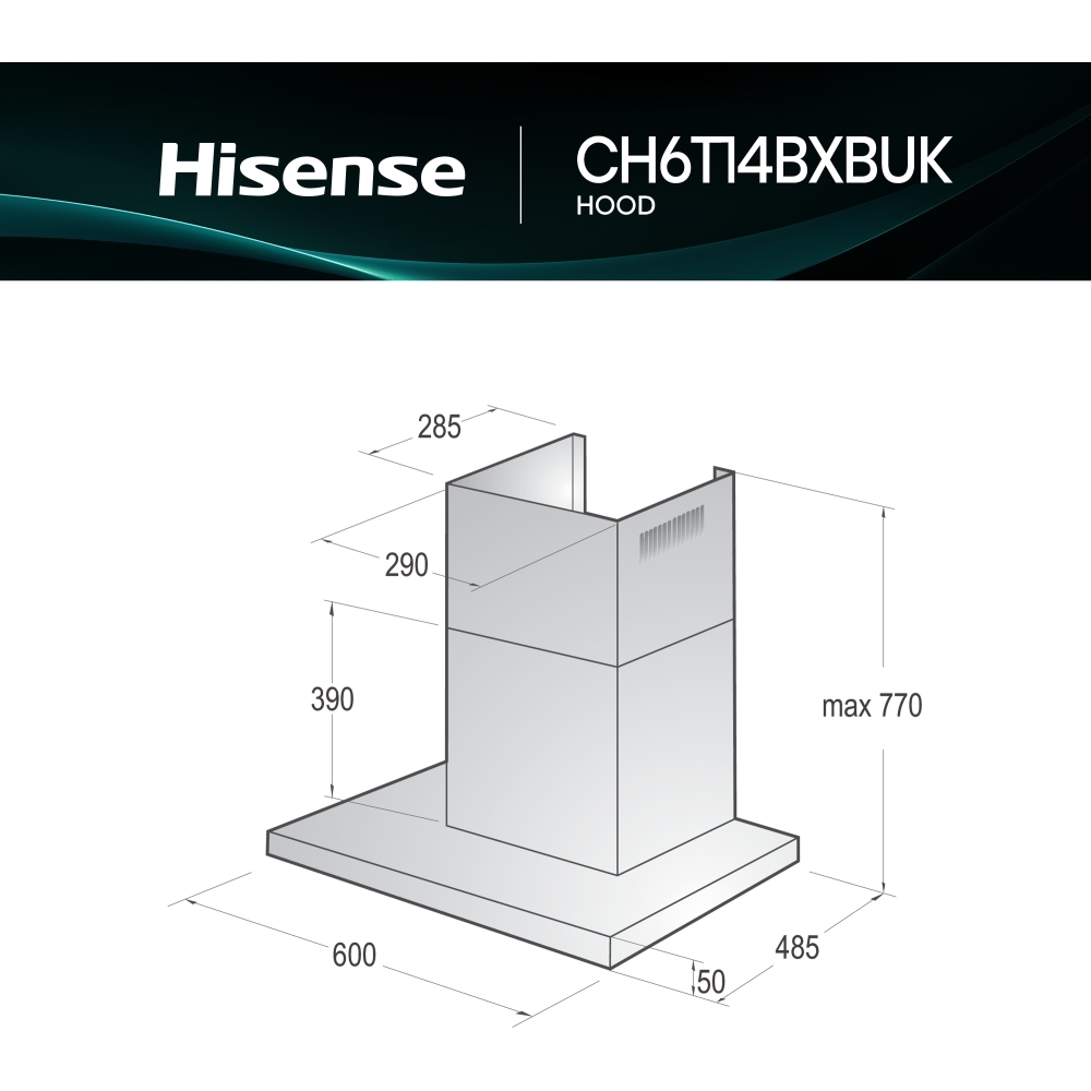 Hisense CH6T14BXBUK 60cm Chimney Cooker Hood, Stainless Steel, A Rated