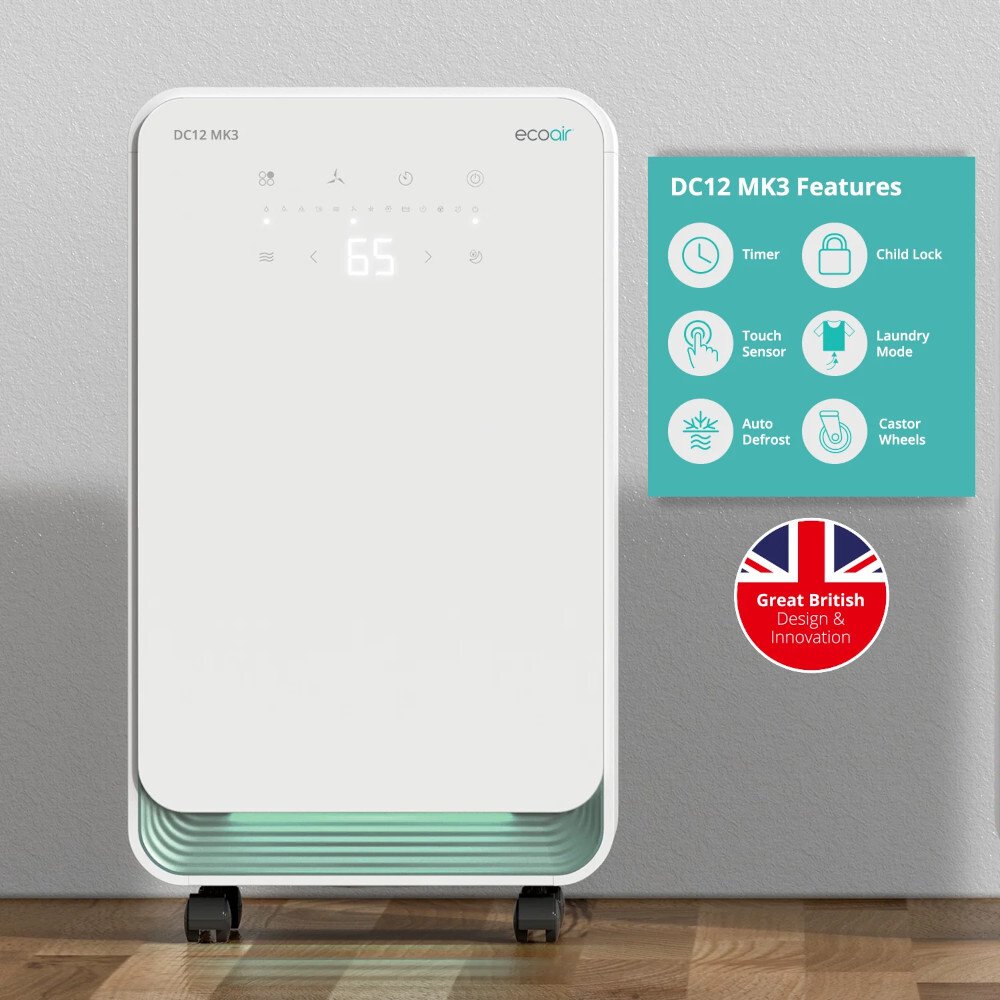 Ecoair DC12 MK3 Dehumidifier with Timer, Continuous Drainage Digital Hygrometer Display and Laundry Drying, White