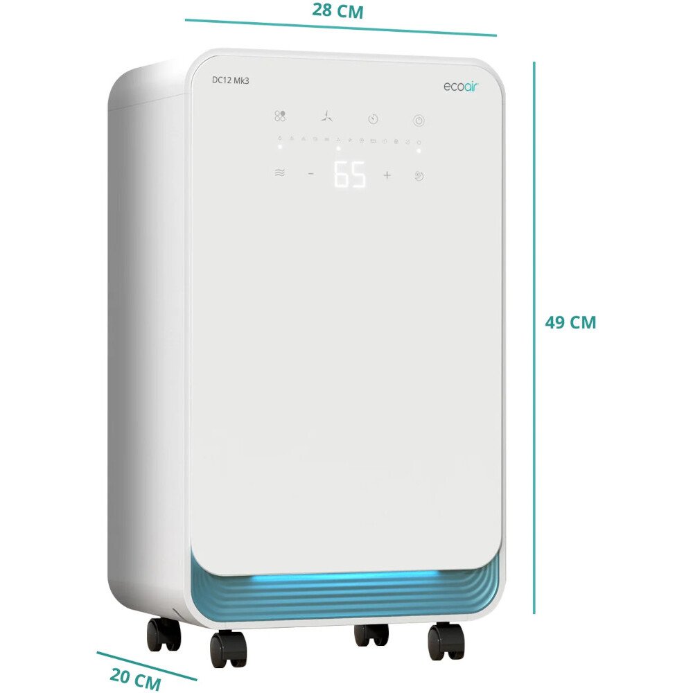 Ecoair DC12 MK3 Dehumidifier with Timer, Continuous Drainage Digital Hygrometer Display and Laundry Drying, White
