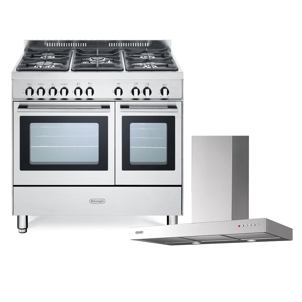 DeLonghi Gas Range Cooker & Hood Pack, Stainless Steel, A Rated