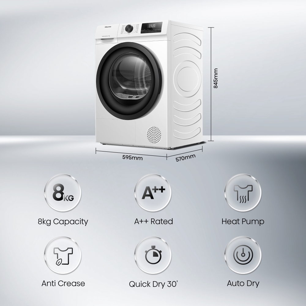 Hisense DH1Q802BW2 Heat Pump Tumble Dryer, 8kg, White, A++ Rated