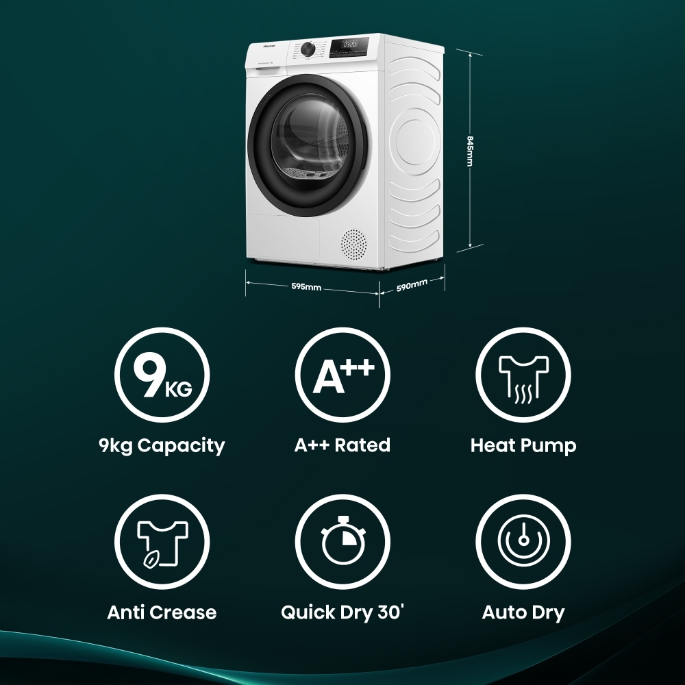 Hisense DH1Q902BW2 Heat Pump Tumble Dryer, 9kg, White, A++ Rated