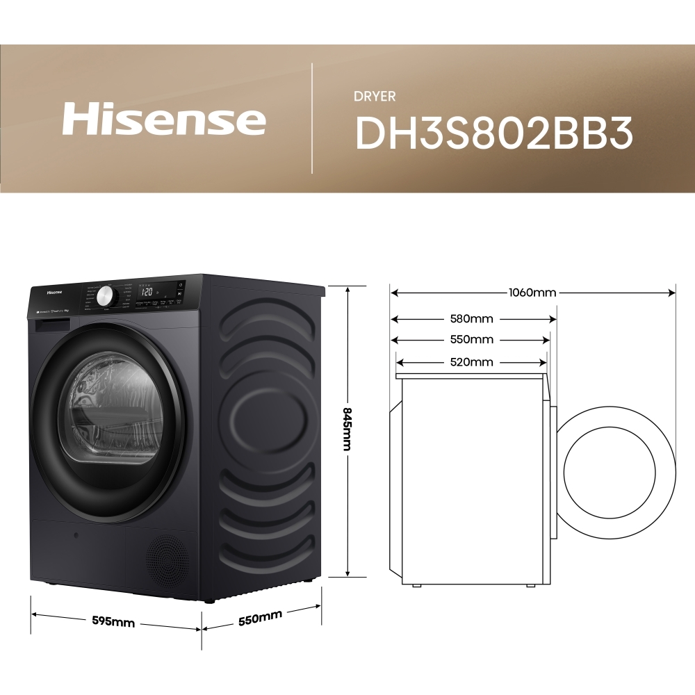 Hisense DH3S802BB3 Heat Pump Tumble Dryer, 8kg, Black, C Rated