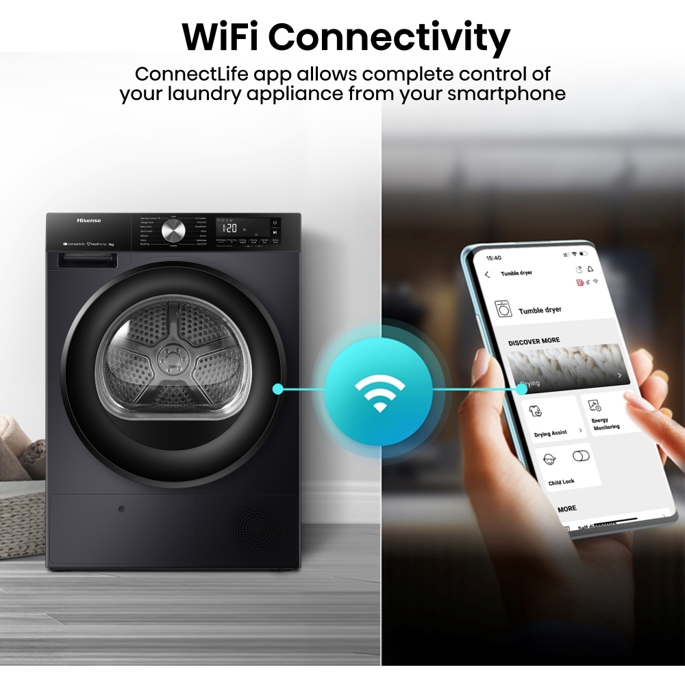 Hisense DH3S802BB3 Heat Pump Tumble Dryer, 8kg, Black, A+++ Rated