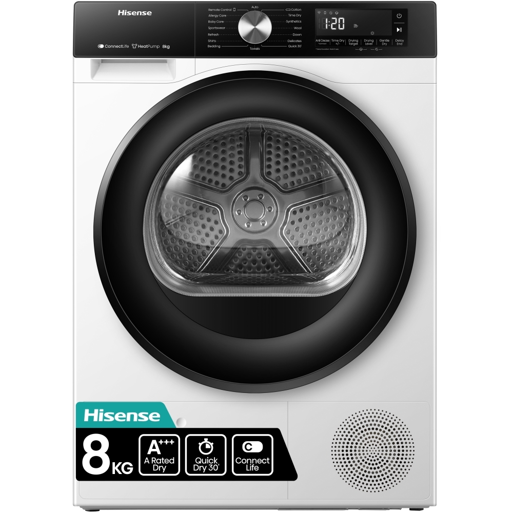 Hisense DH3S802BW3 Heat Pump Tumble Dryer, 8kg, White, A+++ Rated