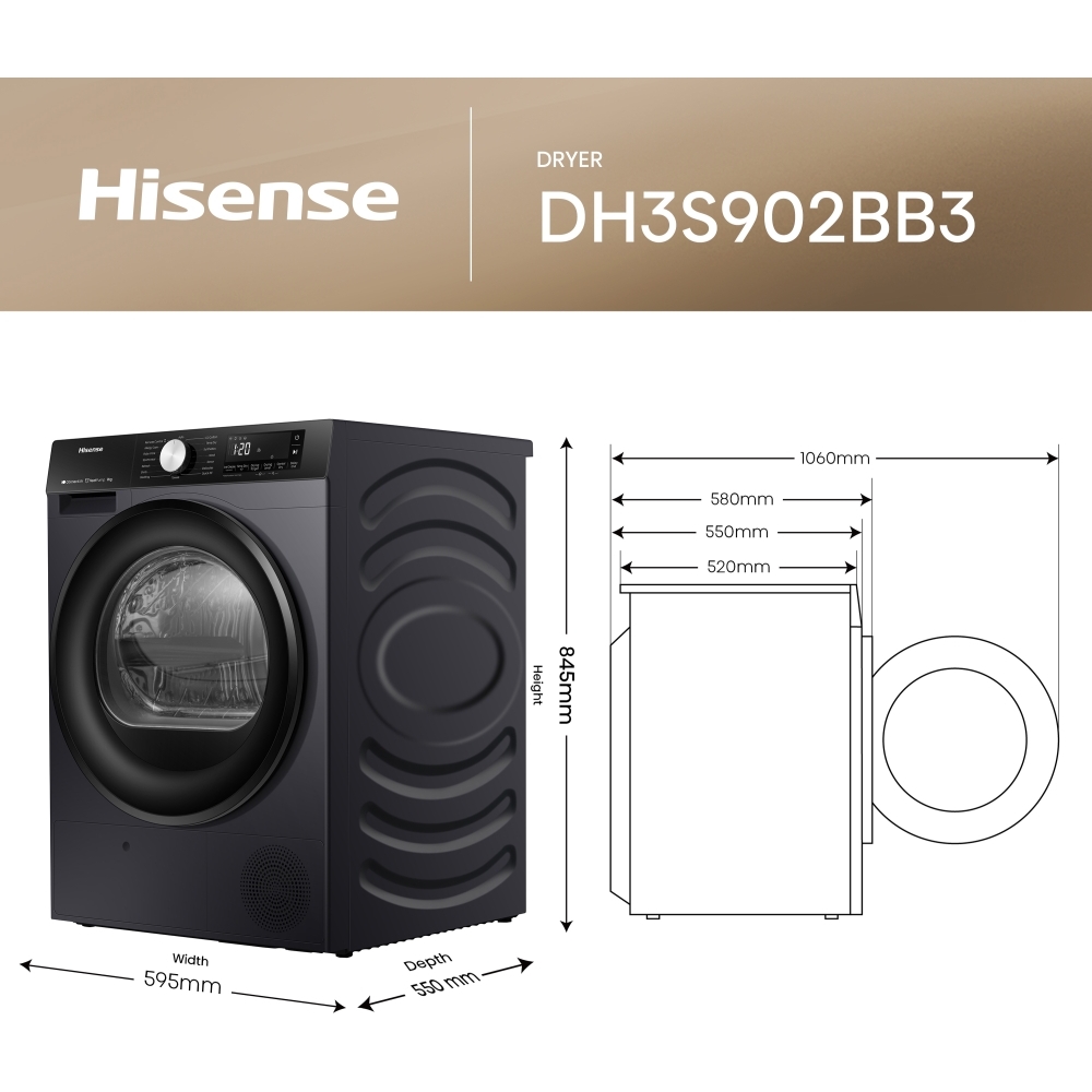 Hisense DH3S902BB3 Heat Pump Tumble Dryer, 9kg, Black, A+++ Rated
