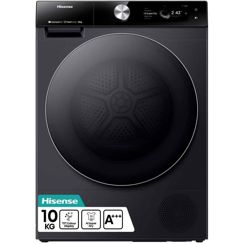 Hisense DH7S107BB Heat Pump Tumble Dryer, 10kg, Black, A+++ Rated