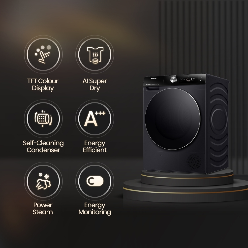 Hisense DH7S107BB Heat Pump Tumble Dryer, 10kg, Black, A+++ Rated