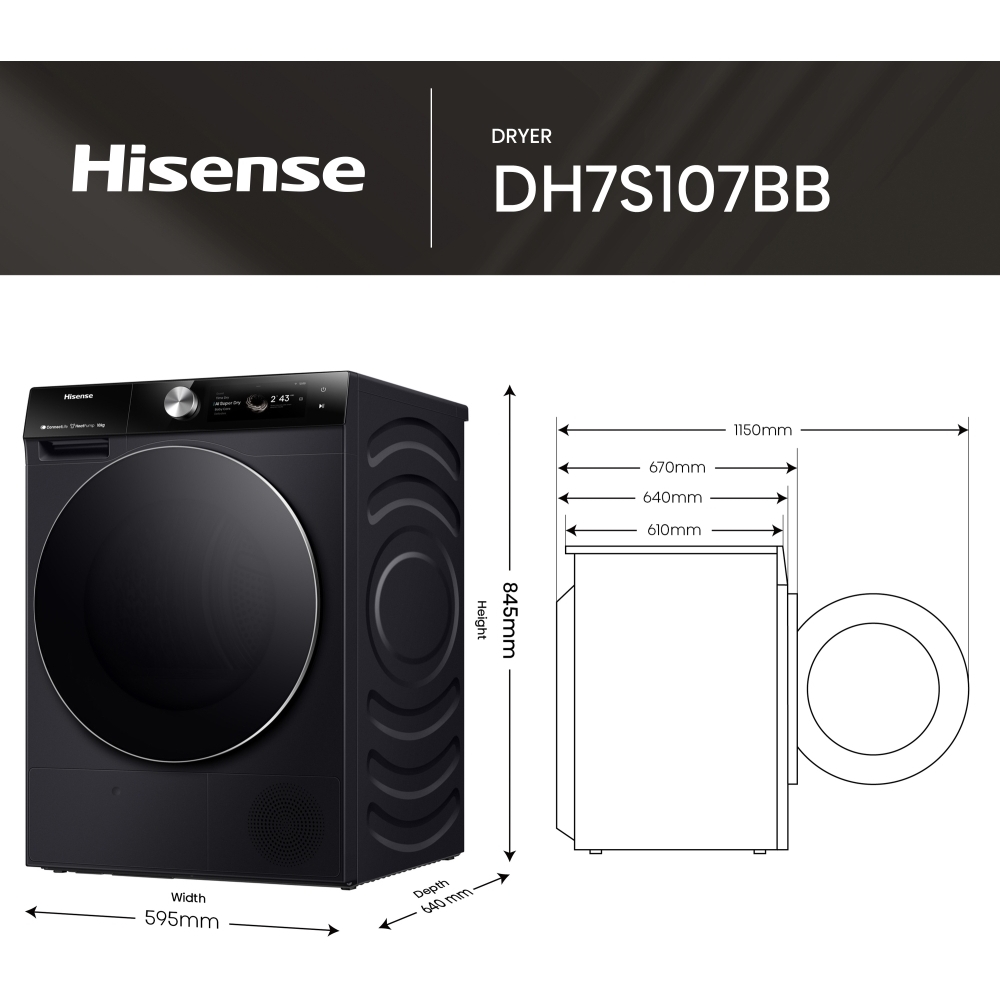 Hisense DH7S107BB Heat Pump Tumble Dryer, 10kg, Black, A+++ Rated